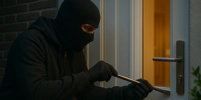 ladro che forza una porta con un piede di porco
